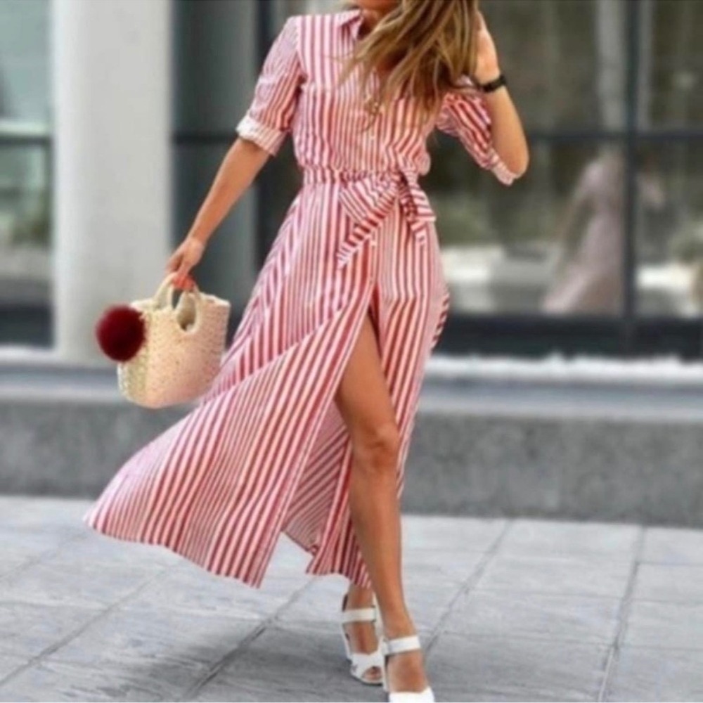 Zara Woman Red White Striped Cotton‎ Midi Shirtdress XS Belted 3/4 Sleeve
